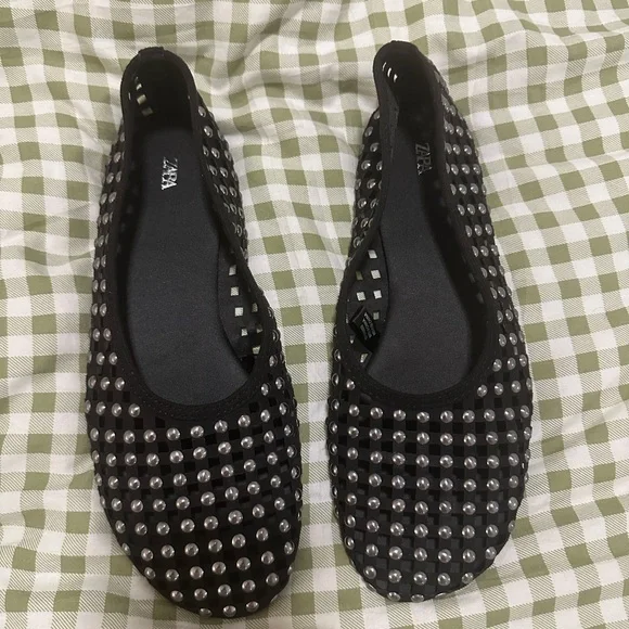 Zara Black Studded Mesh Mary Jane Ballet Flat Shoes Womens Size 37 - Picture 3 of 6